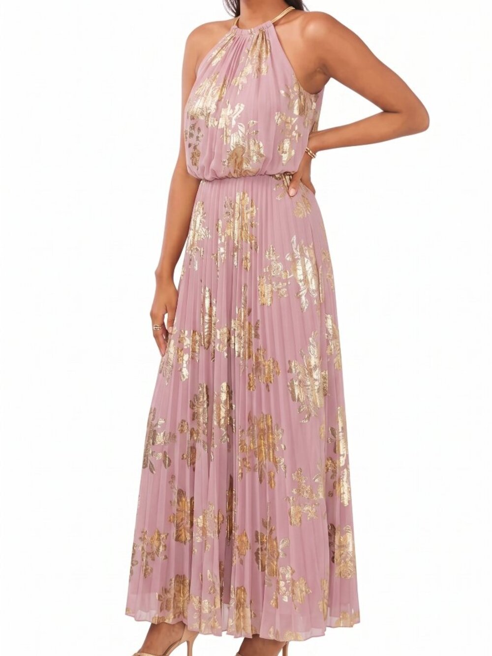 Soft Pink Gold Foiled Pleated Halter Blouson Maxi Dress